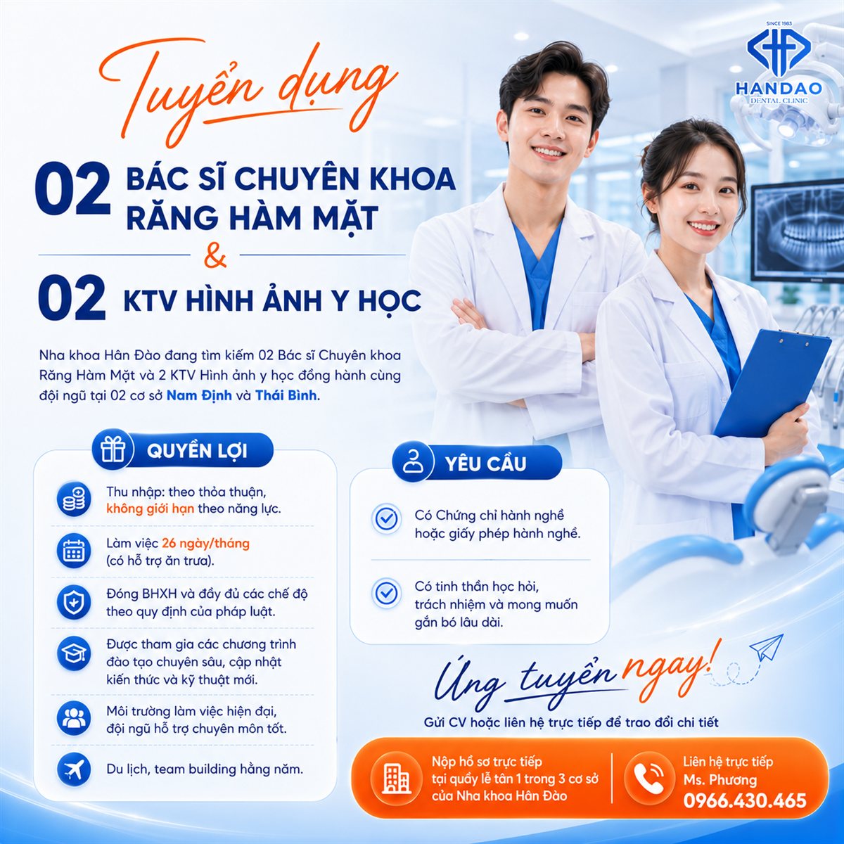 Tuyển dụng Bác sĩ Răng Hàm Mặt và KTV Hình ảnh Y học tại Nha khoa Hân Đào