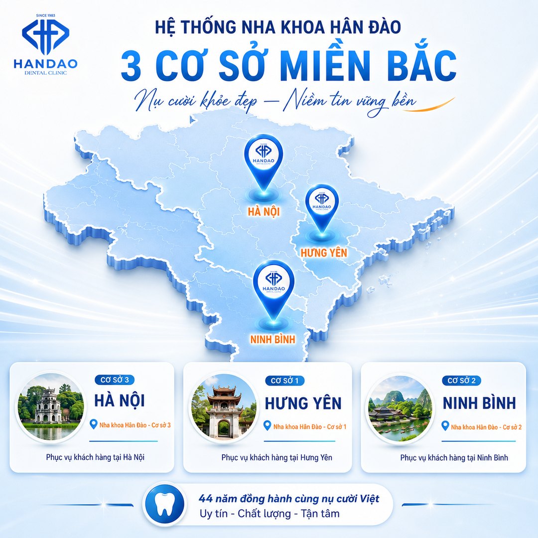 Hệ thống Nha khoa Hân Đào - 3 cơ sở miền Bắc: Hà Nội, Hưng Yên (Thái Bình cũ), Ninh Bình (Nam Định cũ)